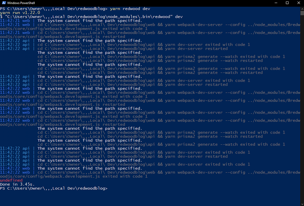 Need help using Yarn ("yarn redwood dev" command not working) Get